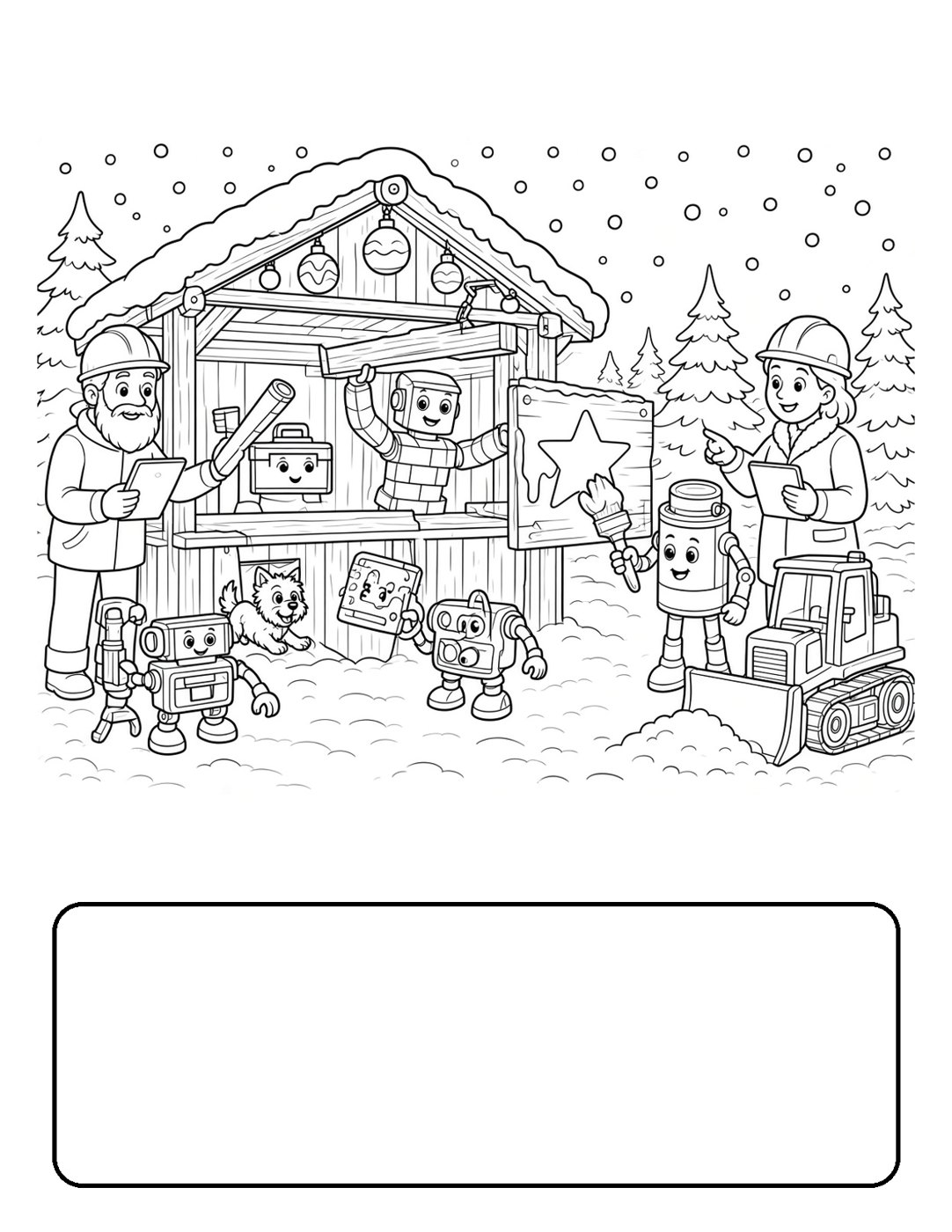 Sample colouring page 3: Rob and the robots work together on the roof